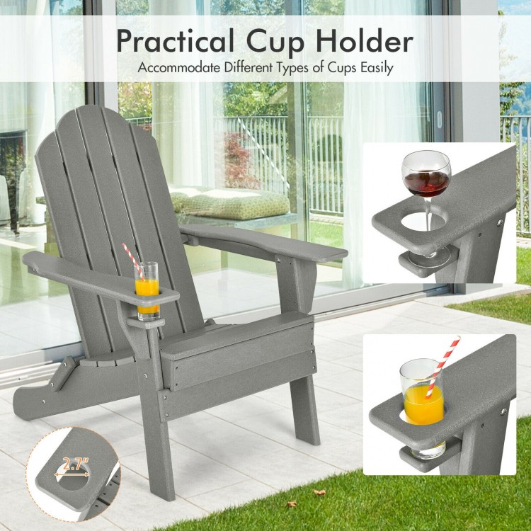 Foldable gray patio chair with built-in cup holder, made from fade-resistant PE material for outdoor convenience.