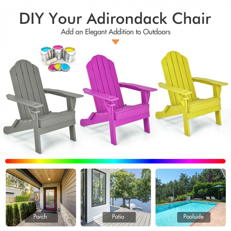 Foldable gray patio chair with built-in cup holder, made of fade-resistant PE material, perfect for outdoor relaxation.