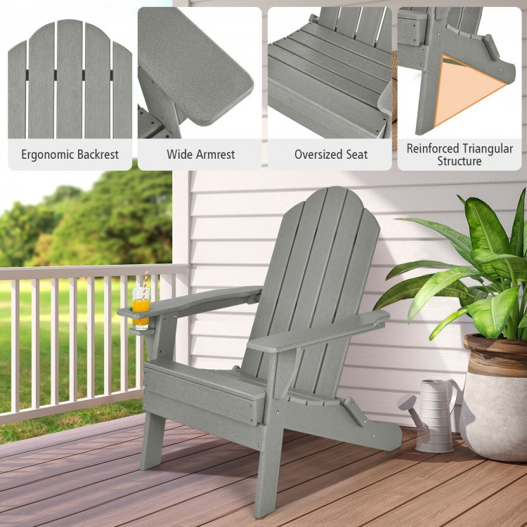 Foldable gray patio chair with ergonomic backrest, wide armrests, and built-in cup holder for outdoor relaxation.