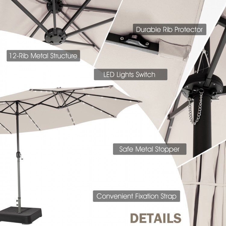 Double-sided 15 feet patio umbrella with 12-rib metal structure and 48 solar LED lights for outdoor use.