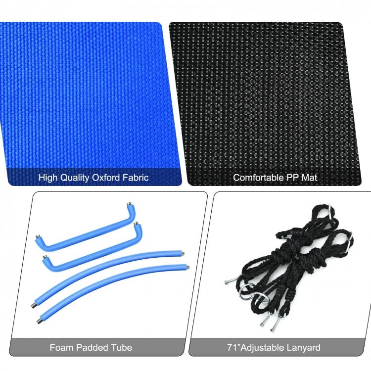 Blue 60-inch platform tree swing components including Oxford fabric, foam padded tubes, and adjustable lanyard for.