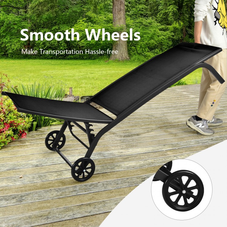 Adjustable outdoor chaise recliner with wheels in black, featuring a 6-position backrest for versatile comfort.