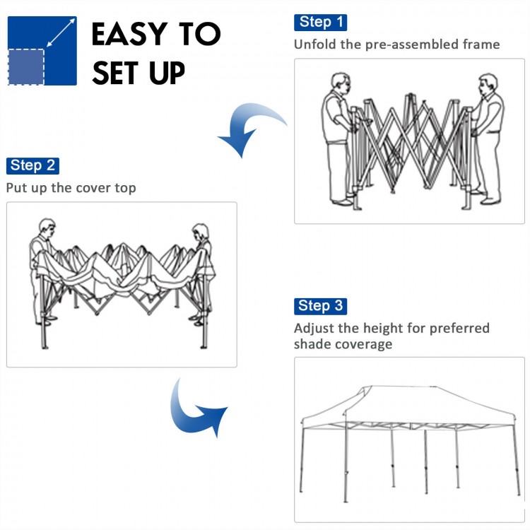 Step-by-step setup guide for the 10 x 20 feet adjustable folding sun shelter with a sturdy frame and easy height.