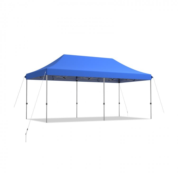 Blue 10 x 20 feet adjustable folding canopy with a sturdy steel frame, ideal for outdoor events and easy transport.