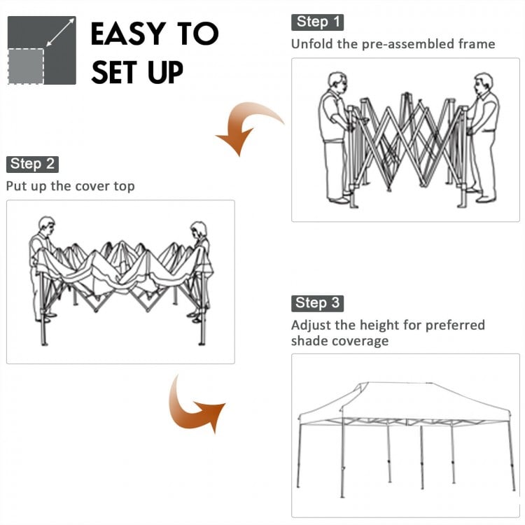 Adjustable folding sun shelter setup steps, featuring a sturdy steel frame and 300D silver-coated oxford cloth for.