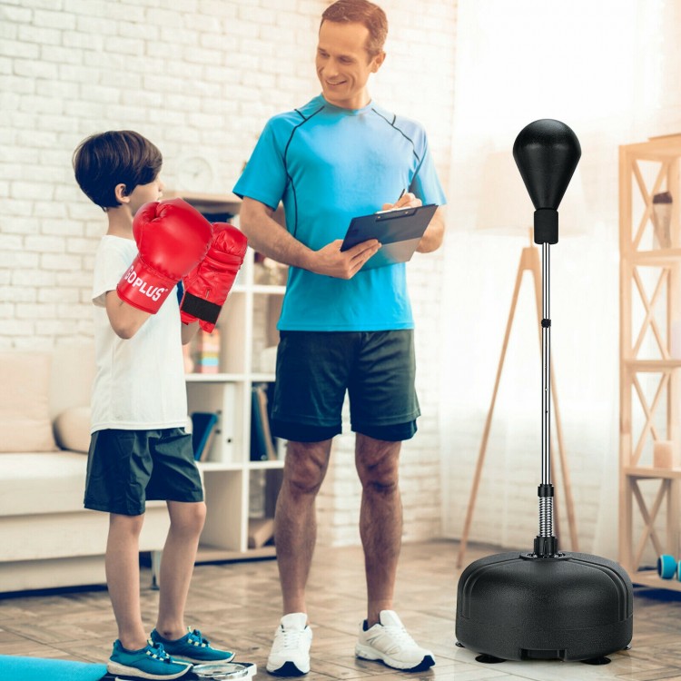 Side view of the adjustable freestanding punching bag with boxing gloves, showcasing its durable design and stability.