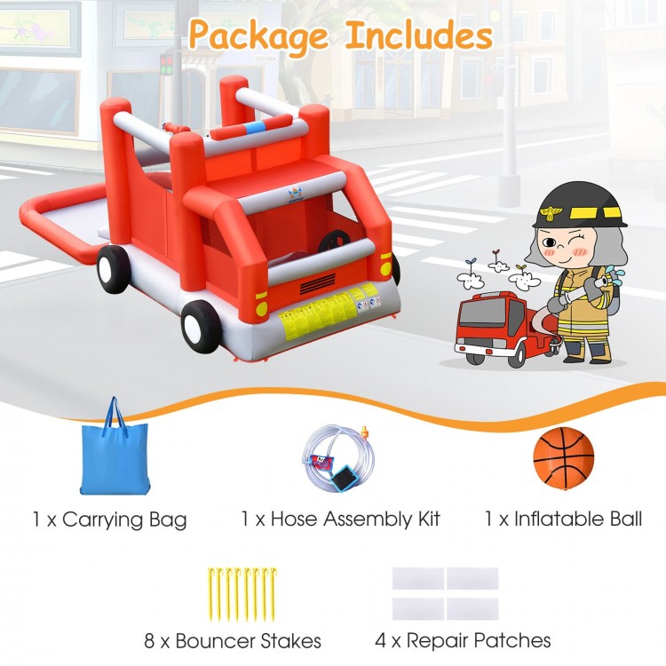 Fire truck-themed inflatable bounce house for kids with slide, pool, and basketball hoop, perfect for backyard fun.