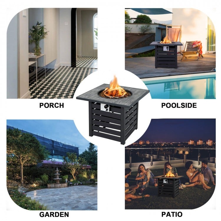 Square propane fire pit table with lava rocks, perfect for patio, garden, or poolside gatherings.
