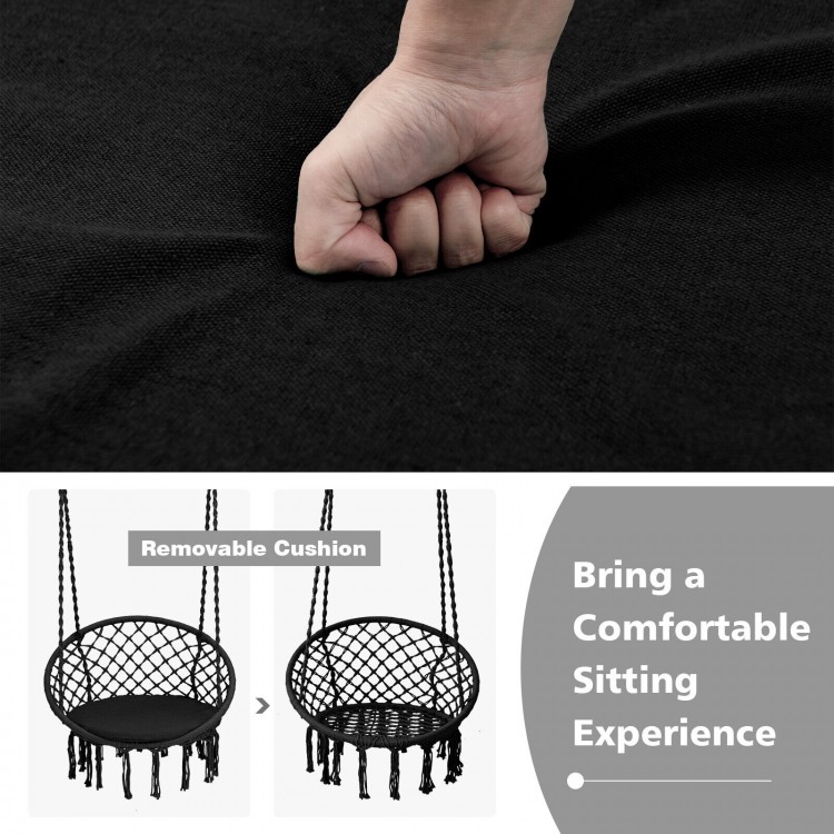 Close-up of the cushioned hammock swing chair in black, featuring a removable cushion and durable woven ropes for.