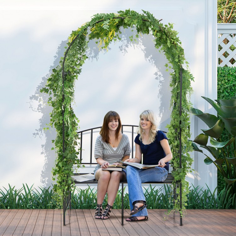 Steel garden arch with a 2-seat bench, featuring trellises for climbing plants, perfect for outdoor relaxation.