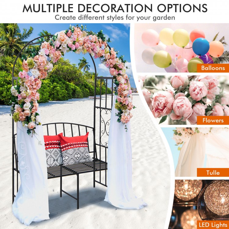 Steel garden arch with a 2-seat bench, featuring a floral design, ideal for outdoor decoration and plant support.