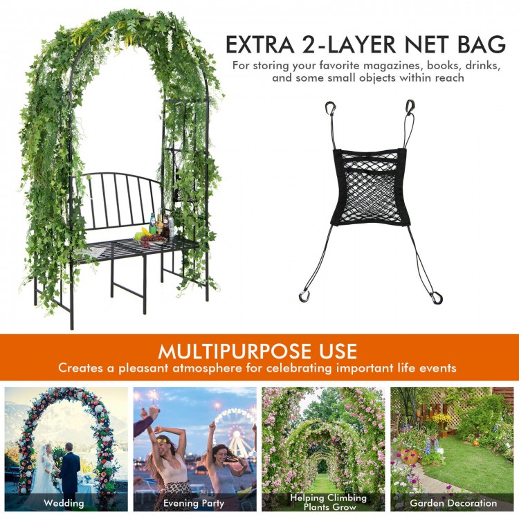 Steel garden arch with 2-seat bench, 45.5" x 20" x 81", rustproof, perfect for climbing plants and outdoor relaxation.