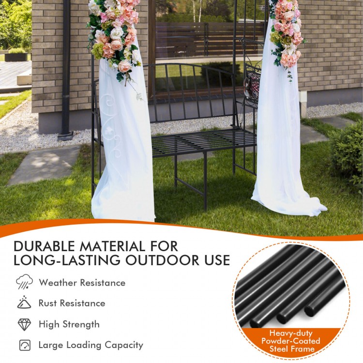 Steel garden arch with a 2-seat bench, featuring a durable powder-coated frame for outdoor use and plant support.