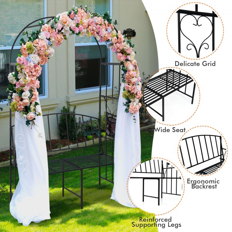 Steel garden arch with a 2-seat bench, featuring a wide seat, ergonomic backrest, and delicate grid for climbing plants.