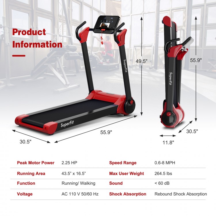 Folding treadmill with 2.25 HP motor, LED display, and phone holder for home or office workouts, shown in upright.