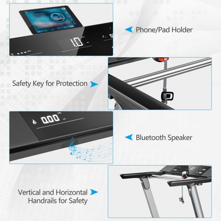 Close-up of the LED display on the Italian designed folding treadmill, showing speed and heart rate for home workouts.