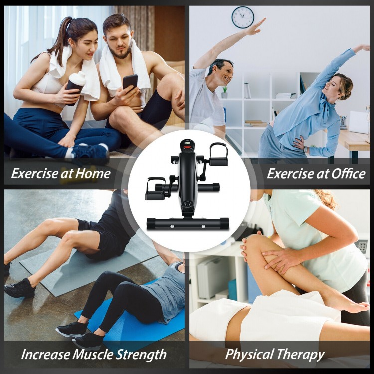 Portable under desk bike pedal exerciser with adjustable magnetic resistance for home and office workouts.