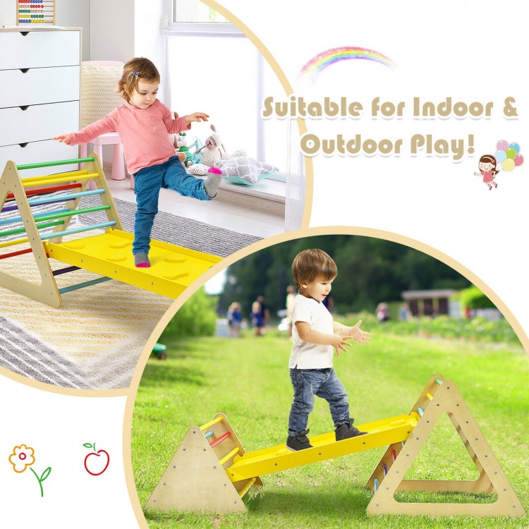 3-in-1 wooden triangle climber set with ramp for indoor and outdoor play, promoting motor skills and balance for kids.