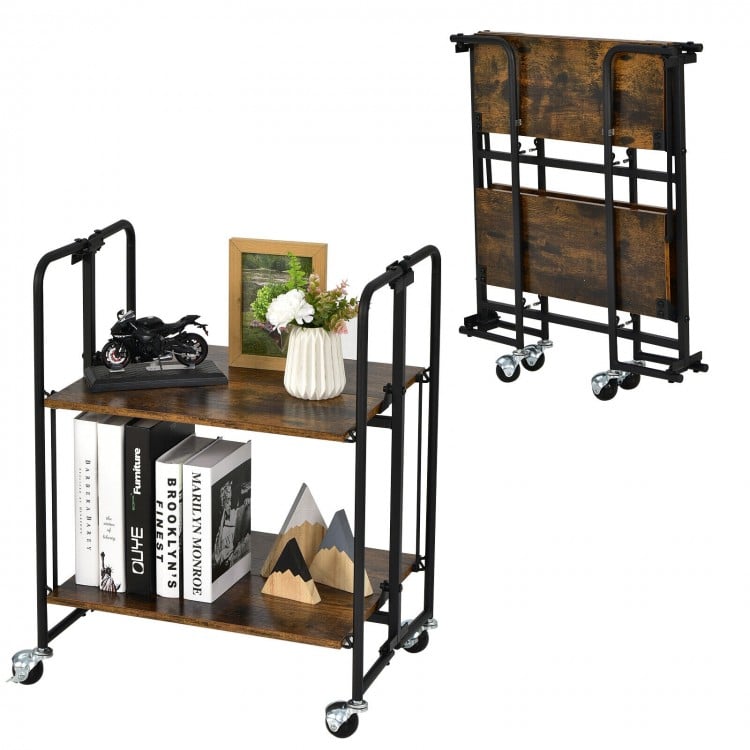 Folding rolling cart with metal frame, 2-tier design, rustic wood finish, ideal for organizing in any room.