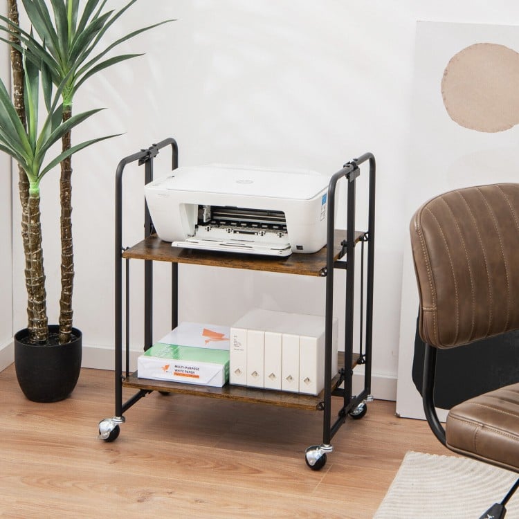 Folding rolling cart with metal frame and rustic wood finish, featuring two tiers for versatile storage and display.