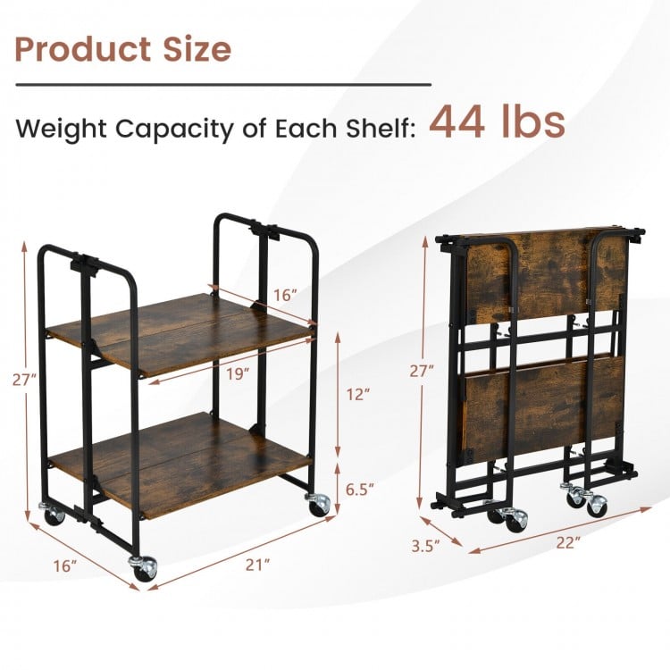 Folding rolling cart with metal frame, 2-tier design, rustic wood finish, ideal for kitchen or living room organization.