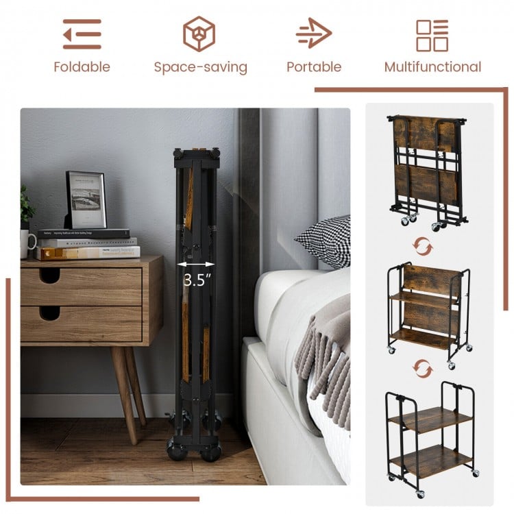 Folding rolling cart with metal frame, 2-tier design, rustic wood finish, ideal for organizing and displaying items.