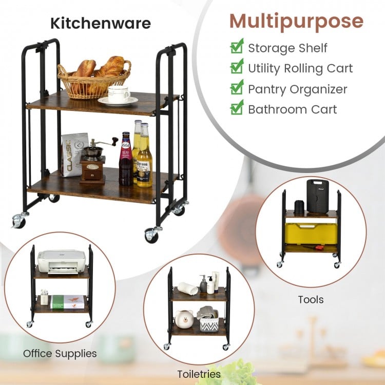 Folding rolling cart showcasing a rustic wood grain finish, perfect for use as a bathroom or pantry organizer with.