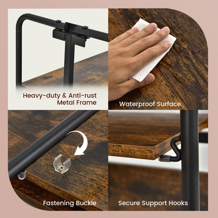 Folding rolling cart with a heavy-duty metal frame, waterproof surface, and rustic wood finish for versatile storage.