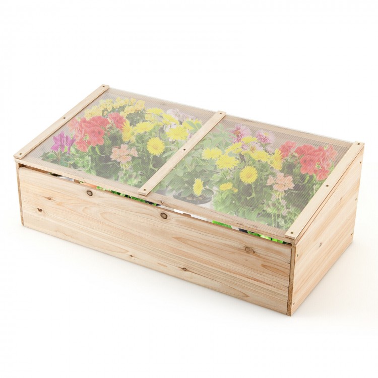 Wooden garden portable greenhouse with transparent PVC lid, perfect for growing flowers and plants in any outdoor space.