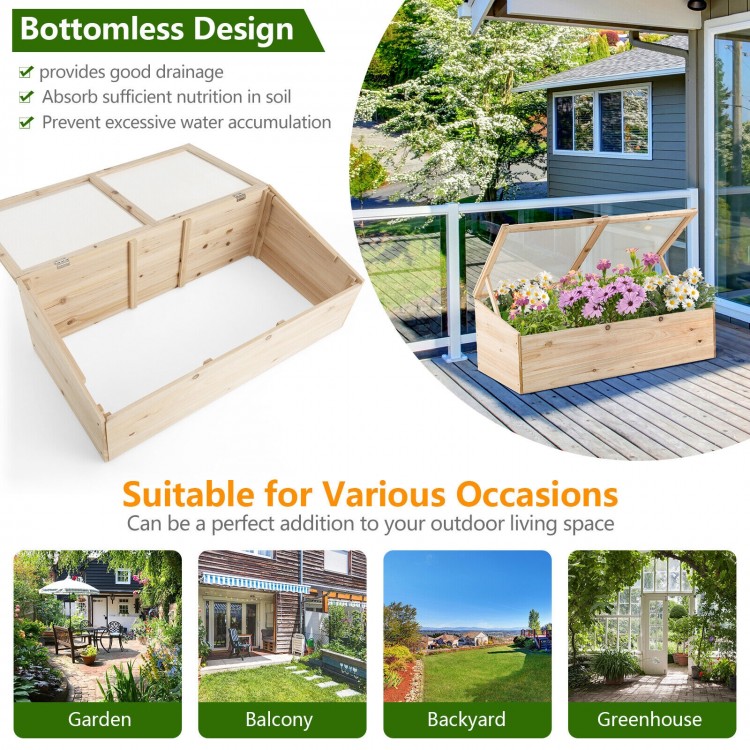 Wooden garden portable greenhouse with transparent PVC lid, bottomless design for potted plants, ideal for outdoor.