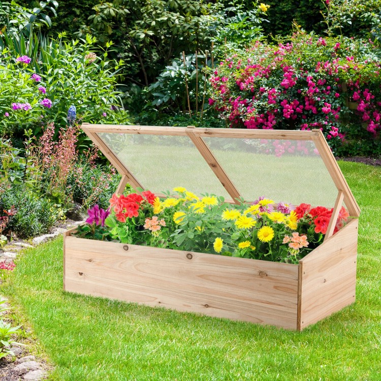 Wooden garden portable greenhouse with transparent PVC lid, featuring vibrant flowers for outdoor planting and growth.