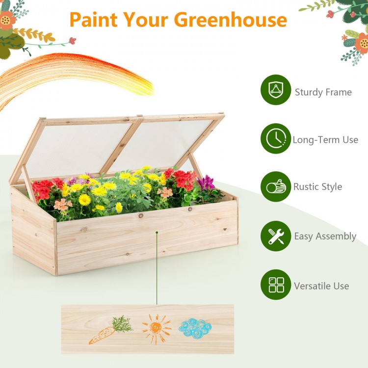 Wooden garden portable greenhouse with transparent PVC lid, sturdy fir wood frame, and foldable top for easy plant.
