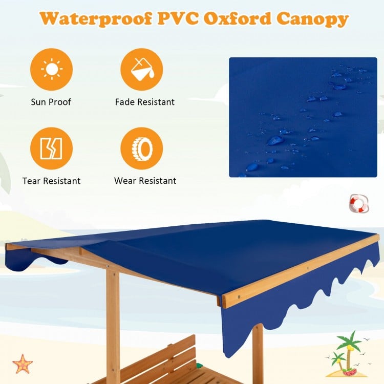 Kids wooden sandbox with sun-proof PVC Oxford canopy, featuring two benches and removable seat panels for outdoor fun.