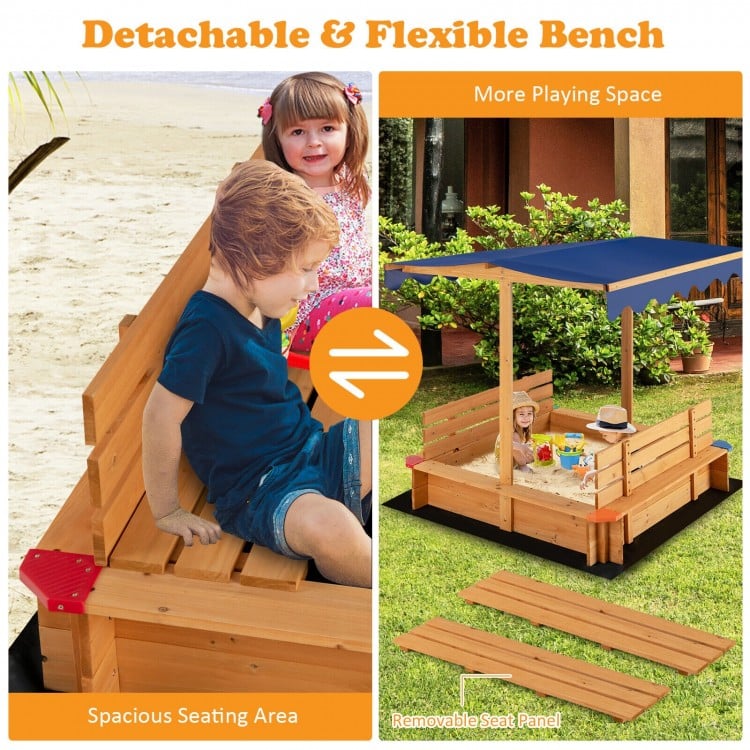 Kids wooden sandbox with canopy and removable seat panels, featuring two convertible benches for outdoor play.
