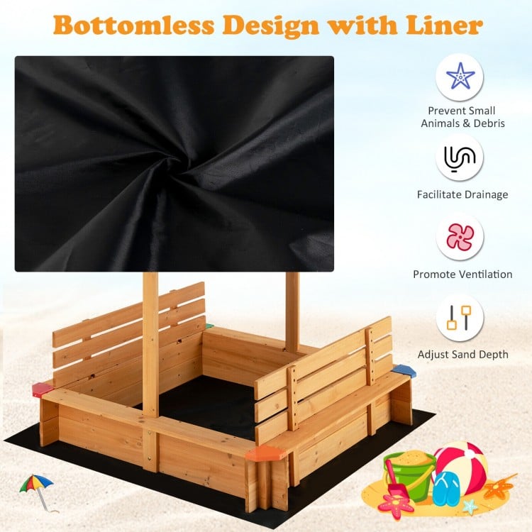 Kids wooden sandbox with bottomless design and liner, promoting drainage and ventilation, ideal for outdoor play.