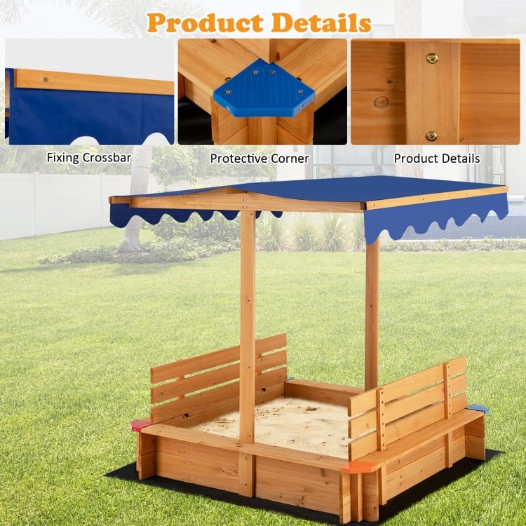 Kids wooden sandbox with canopy and two bench seats, made of cedar wood, designed for outdoor play and comfort.
