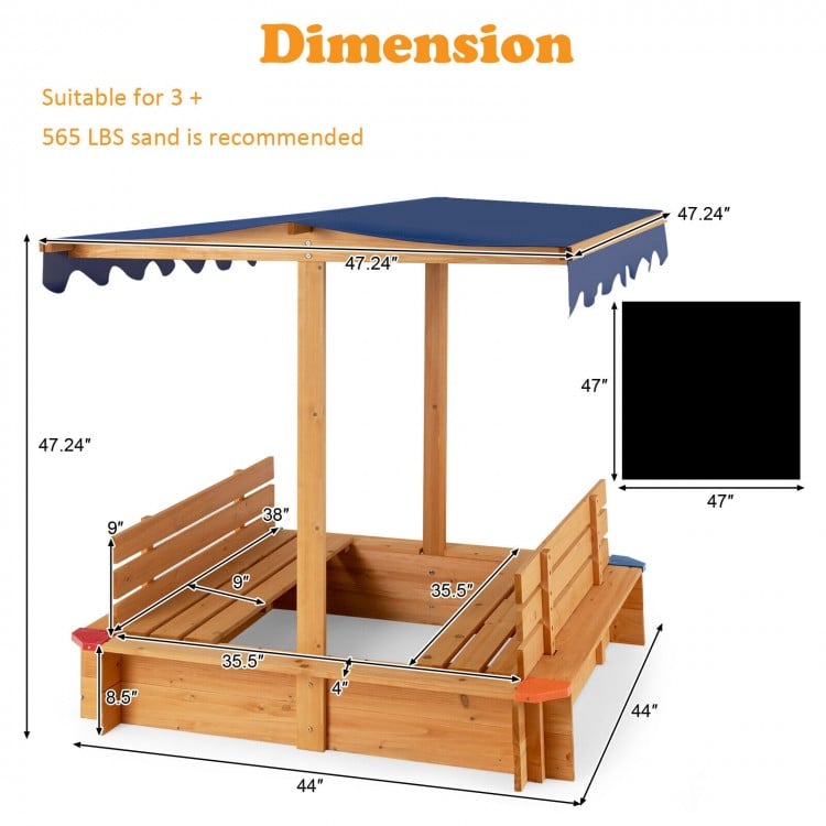 Kids wooden sandbox with canopy and two bench seats, made of cedar wood, suitable for outdoor play and comfort.