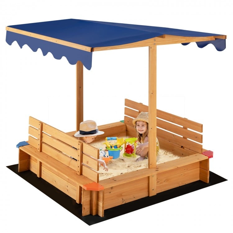 Kids wooden sandbox with canopy, featuring 2 convertible bench seats, perfect for outdoor play and comfort.