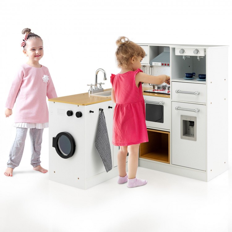 Wooden kids kitchen playset with light and sound, featuring stove, sink, and storage for accessories, ideal for.