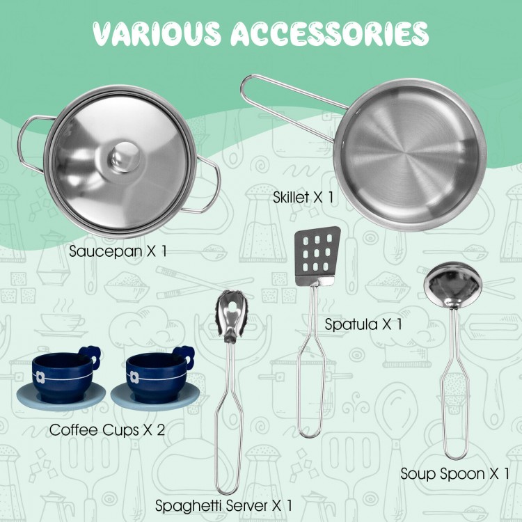 Wooden kids kitchen playset with light and sound, includes stainless steel utensils and coffee cups for imaginative.
