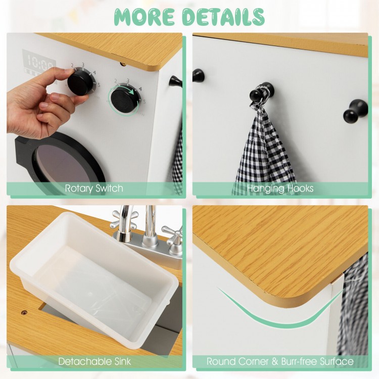 Detail view of the 2-piece wooden kids kitchen playset featuring a rotary switch, hooks, and a detachable sink for.