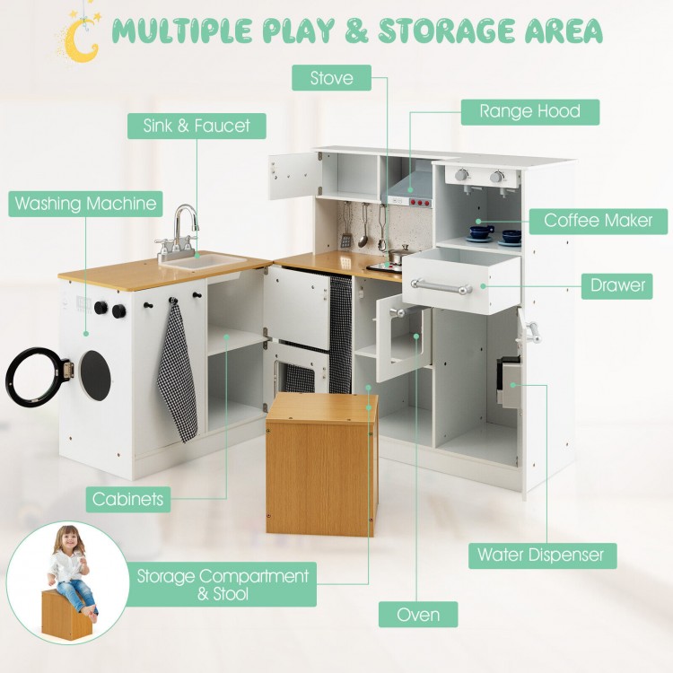 Wooden kids kitchen playset featuring stove, sink, and storage, designed for imaginative play with lights and sounds.