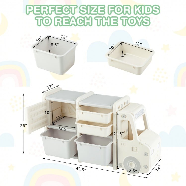 Toddler truck storage organizer in beige with 2 large bins and 2 drawers, perfect for kids' toy organization.