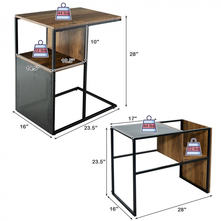 C-shaped side table with oak tabletop and black steel frame, featuring a storage shelf for convenience and space-saving.