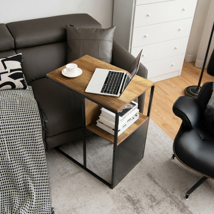C-shaped side table with oak top and black steel frame, perfect for working or snacking beside a sofa or bed.