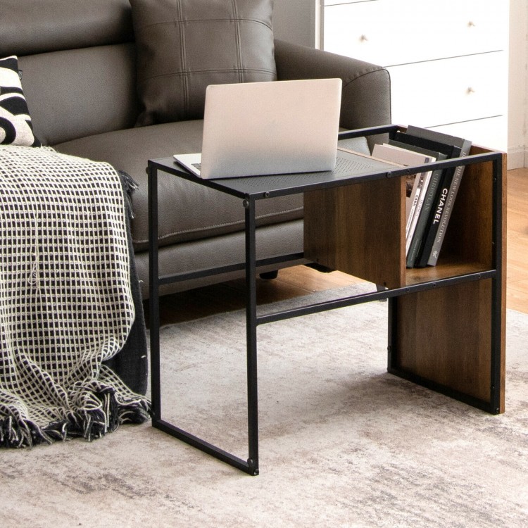 C-shaped side table with oak tabletop and black steel frame, perfect for working or snacking beside a sofa.