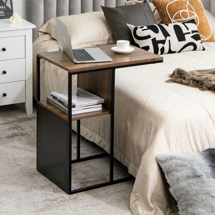 C-shaped side table with oak top and black steel frame, perfect for bedside or sofa use, featuring an additional.
