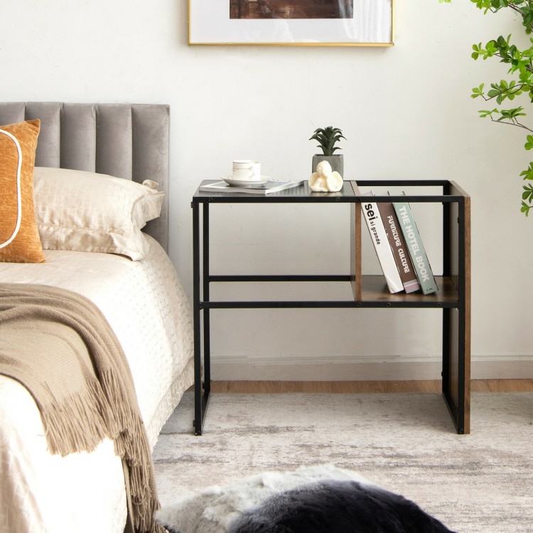 C-shaped side table with oak tabletop and black steel frame, perfect for bedside or sofa use, featuring additional.