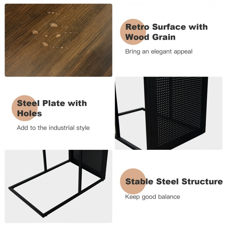 C-shaped side table with oak tabletop and black steel frame, ideal for living room or bedroom use.