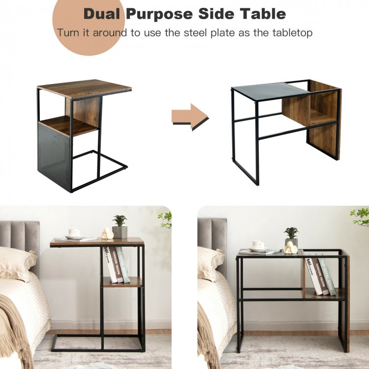 C-shaped side table with oak tabletop and black steel frame, designed for space-saving beside a sofa or bed.